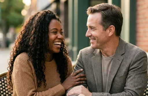 A diverse group of friends laughing and talking around a table at a casual backyard gathering.